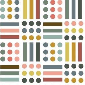 Circles and Lines Geometric in Sage Mustard and Coral with White Ground Non Directional