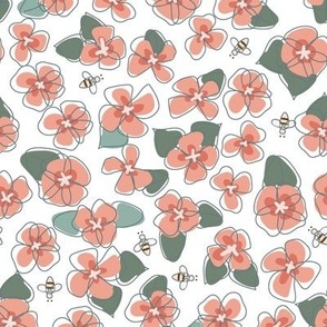 Tossed Peach and Sage Floral with Bees on White Non Directional