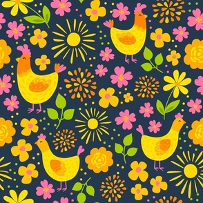 Large Scale Rise and Shine Chickens Easter Floral Sunshine and Flowers on Navy