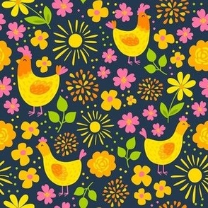 Medium Scale Rise and Shine Chickens Easter Floral Sunshine and Flowers on Navy