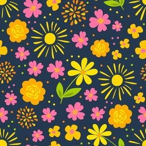 Large Scale Rise and Shine Easter Floral Sunshine and Flowers on Navy