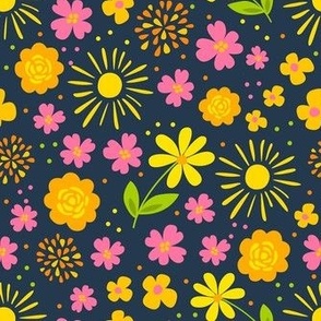 Medium Scale Rise and Shine Easter Floral Sunshine and Flowers on Navy