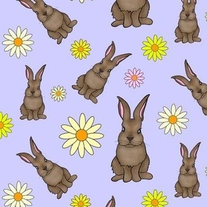 Brown Rabbits and Daisies on Purple by BigBlackDogStudio