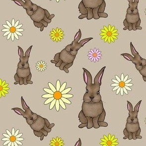 Brown Rabbits and Daisies on Tan by BigBlackDogStudio