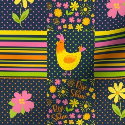 Smaller Scale Patchwork 3" Squares Rise and Shine Easter Chicken Floral Sunshine and Flowers for Cheater Quilt or Blanket
