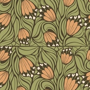 Entwined Bold Orange Flowers and Green Leaves_Large Scale