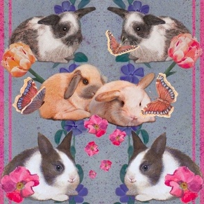12x12-inch Half-Drop of Baby Bunnies with Butterflies, Bright Flowers, and Magenta Stripes