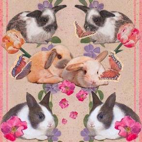 12x12-inch Half-Drop of Baby Bunnies and Butterflies, with Bright Flowers and Peach Stripes