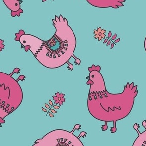 Pink Chickens on Teal Background with Flowers and Foliage