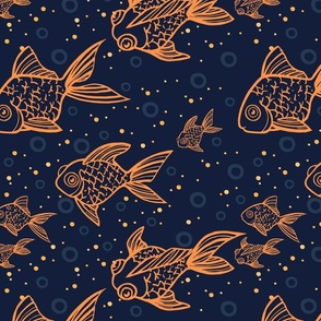 Batik Style Wax Outline Goldfish and Bubbles on Deep Midnight Blue