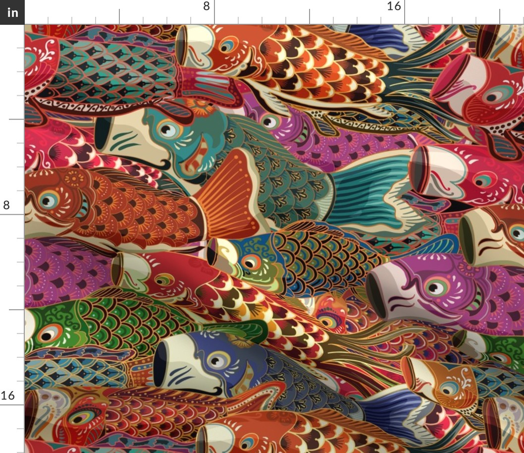 Many  Koinobori Japanese Koi Fish Artistic Drawn Kites Flags Windsocks