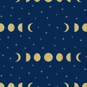 Moon Phases and stars in gold against a navy blue background Large Scale
