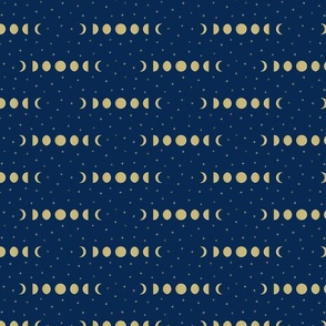 Moon Phases in gold against a navy blue background SMALL Scale