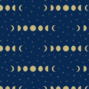 Moon Phases in gold against a navy blue background MEDIUM Scale