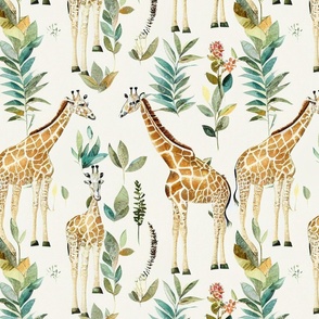 Safari animals - Watercolor giraffes and plants