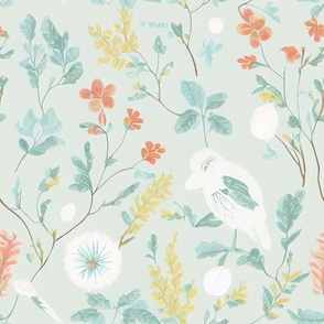Cottagecore - soft colors - flowers and bird