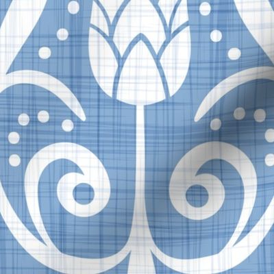 Delancy - Cornflower Floral Damask - Cornflower Blue Faux Linen White Extra Large Scale