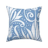 Delancy - Cornflower Floral Damask - Cornflower Blue Faux Linen White Extra Large Scale