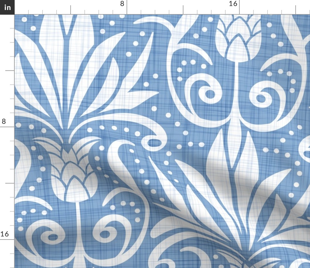 Delancy - Cornflower Floral Damask - Cornflower Blue Faux Linen White Extra Large Scale