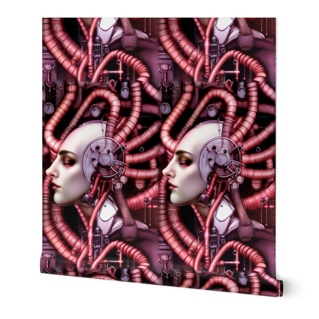 11 biomechanical bioorganic female red woman cyborg robot android tentacles monsters cables wires cybernetics circuit board machine demons side profile aliens sci-fi science fiction futuristic flesh Halloween body horror scary horrifying morbid macabre sp