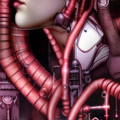 11 biomechanical bioorganic female red woman cyborg robot android tentacles monsters cables wires cybernetics circuit board machine demons side profile aliens sci-fi science fiction futuristic flesh Halloween body horror scary horrifying morbid macabre sp