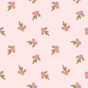 Lovely little roses of pink on pink with soft green leaves for little girls nursery, clothing, bedroom