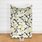 Hibiscus Dreams white with yellow and dk blue-grey Grand Scale