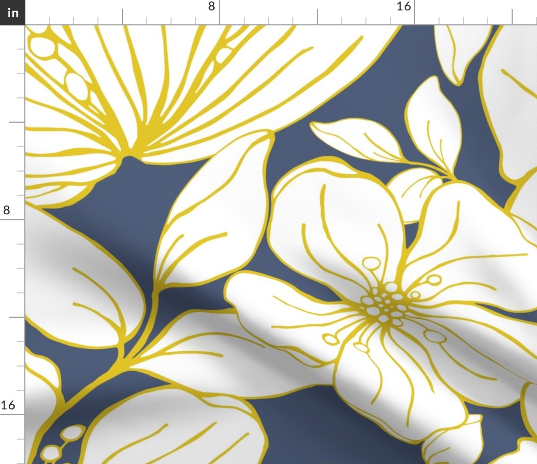 Hibiscus Dreams white with yellow and dk blue-grey Grand Scale