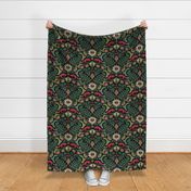 Jumping foxes maximalist folk floral damask - citrine, cranberry red and green on black - large