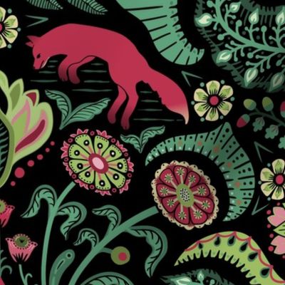 Jumping foxes maximalist folk floral damask - citrine, cranberry red and green on black - large