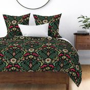 Jumping foxes maximalist folk floral damask - citrine, cranberry red and green on black - large