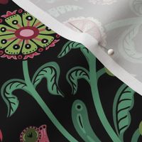 Jumping foxes maximalist folk floral damask - citrine, cranberry red and green on black - large