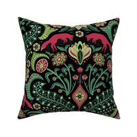 Jumping foxes maximalist folk floral damask - citrine, cranberry red and green on black - large