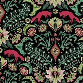 Jumping foxes maximalist folk floral damask - citrine, cranberry red and green on black - large