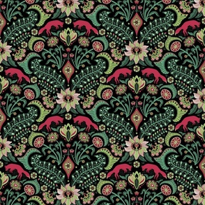 Jumping foxes maximalist folk floral damask - citrine, cranberry red and green on black - medium