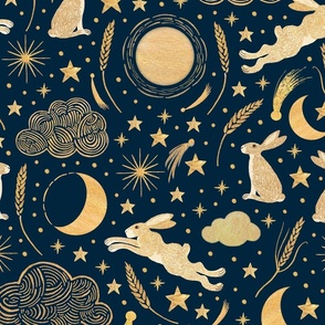 Harvest Moon Hares - golden on slate navy - large scale