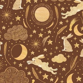 Harvest Moon Hares - golden on cinnamon - large scale