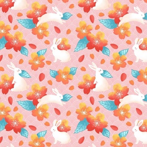 Year of the rabbit pattern with red flowers and pink background (small size version)