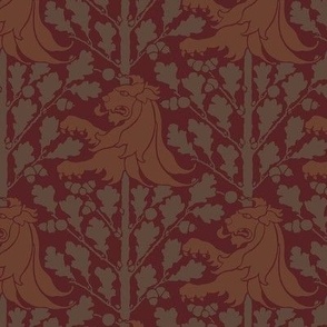 Lion and Oak, olive and chestnut on burgundy