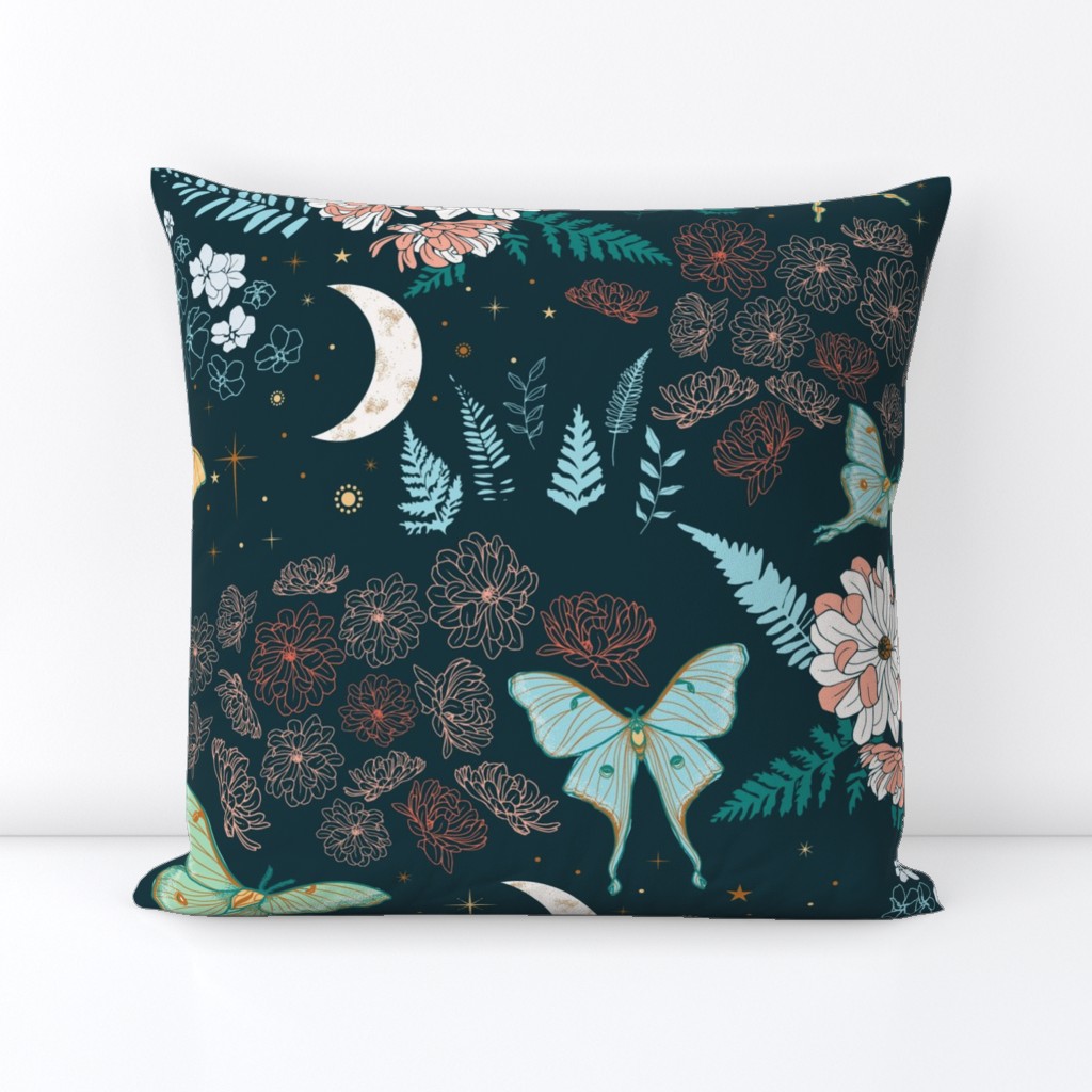 Moonlit Luna Moth Floral - Navy Blue - Jumbo Scale