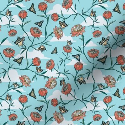 Butterflies and Peonies Floral - Light Blue, Coral Pink, Pale Yellow - Mini Scale