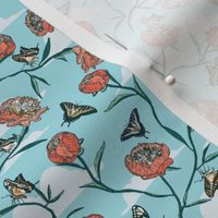 Butterflies and Peonies Floral - Light Blue, Coral Pink, Pale Yellow - Mini Scale