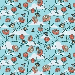 Butterflies and Peonies Floral - Light Blue, Coral Pink, Pale Yellow - Mini Scale