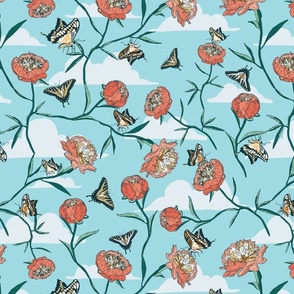 Butterflies and Peonies Floral - Light Blue, Pink, Yellow - Large Scale