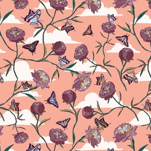 Butterflies and Peonies Floral - Coral Pink, Purple - Large Scale