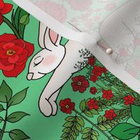 Restful and Raucous Rabbits in a Red Garden (green moss background)  