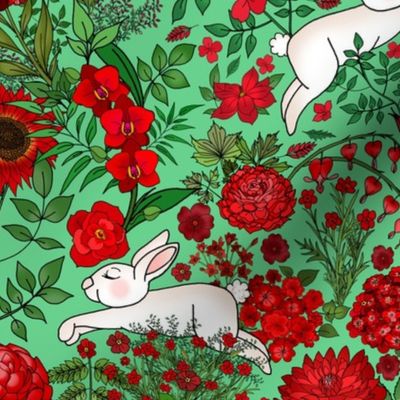 Restful and Raucous Rabbits in a Red Garden (green moss background)  
