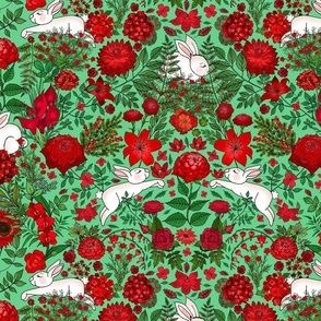 Restful and Raucous Rabbits in a Red Garden (green moss background)  