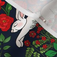 Restful and Raucous Rabbits in a Red Garden (dark navy background)  