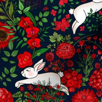 Restful and Raucous Rabbits in a Red Garden (dark navy background)  